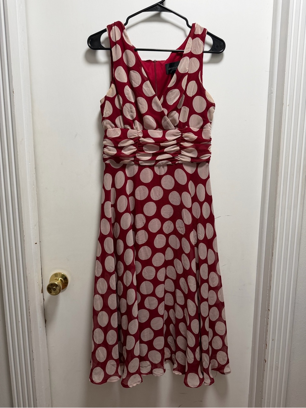 Connected Apparel Womens Red Cream Polka Dot Dress Sz 10 A Line Ruched Waist